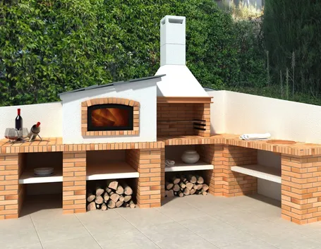 Comodo e moderno barbecue in muratura con varie basi di appoggio e vani