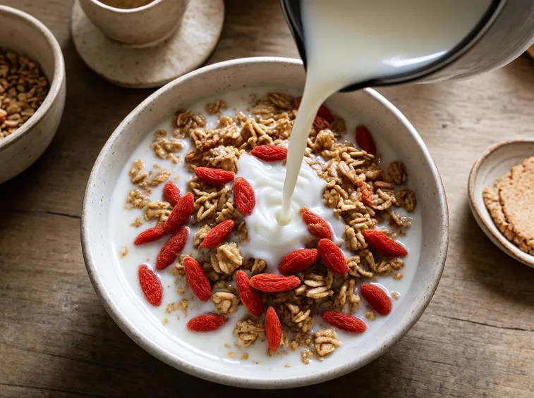 Le bacche di Goji a colazione con mandorle e cereali.
