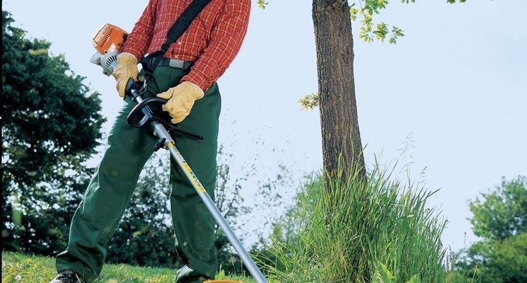 Un lavoratore equipaggiato di decespugliatore